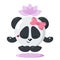 Funny cute kawaii meditating panda with lotus flower over head and round body in flat design with shadows