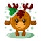 Funny cute kawaii moose with Christmas hat and round body surroundet by snowflakes in flat design with shadows.