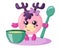 Funny cute kawaii moose or deer with round body, spoon and bowl in flat design with shadows