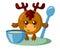 Funny cute kawaii moose or deer with round body, spoon and bowl in flat design with shadows