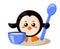 Funny cute kawaii penguin with round body, spoon and bowl in flat design with shadows