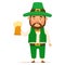 Funny and cute leprechaun with brown beard with a pint of beer. Vector illistration for St. Patrick\\\'s day. Man in a