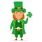 Funny and cute leprechaun with four leaf clover. Vector illistration for St. Patrick day. Man in a green suit and