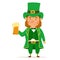 Funny and cute leprechaun with a pint of beer. Vector illistration for St. Patrick day. Man in a green suit and