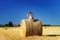 Funny cute little girl posing on the haystack in summer field