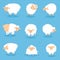 Funny cute little sheep cartoon characters. A set of sheep in different poses. Vector illustration isolated on blue background.
