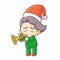 Funny and cute man wearing Santa`s hat for christmas and playing trumpet seriously
