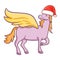 Funny and cute pegasus wearing Santa`s hat in doodle style