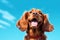Funny cute puppy of golden cocker spaniel breed on a blue background. AI generated