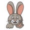 Funny cute rabbit smiles and waves his paw, vector illustration in cartoon style
