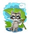 Funny cute Raccoon with a leaf instead of an umbrella. Hiding from the rain. The cloud smiles. The kid is an animal