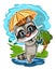 A funny cute Raccoon with an umbrella walks through the puddles. Wind clouds bad weather. But good mood. Kid is an