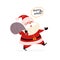 Funny cute Santa Claus character carry bag full of gift boxes isolated.