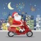 Funny cute Santa Claus riding on the moped