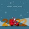Funny cute Santa Claus riding on the moped with a bag full of gifts. Merry Christmas and a Happy New Year greeting. Santa Claus on