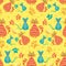 Funny cute seamless pattern with cats,mice,cheese and traces on yellow background.bright