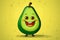 Funny cute smiling avocado character on a yellow background. Print for fabric, clothes, t-shirt.