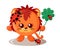 Funny cute smiling lion with round body and ladybugs holding four-leaf good luck clover in flat design with shadows
