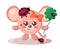 Funny cute smiling mouse with round body and lady bugs holding four-leaf good luck clover