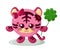 Funny cute smiling tiger with round body and ladybug holding four-leaf good luck clover in flat design with shadows