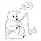 A funny cute teddy bear is fishing. Caught an old shoe. Dreams of a fish. Vector hand-drawn line