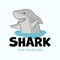 Funny cute vector shark drawn in children`s style. Cool party mascot