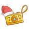 Funny and cute yellow compact digital camera wearing Santa`s hat for Christmas