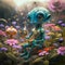 funny cutest alien baby with huge eyes in golden dress drinking a tea around blossom flowers. close up. Ai generated