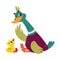 Funny Dabbling Duck Character Sitting with Little Baby Duckling Vector Illustration