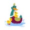 Funny Dabbling Duck Character Swimming with Yellow Baby Duckling Vector Illustration