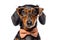 Funny dachshund with big eyes, wearing glasses. generative AI