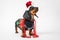 Funny dachshund puppy in warm knitted Christmas jacket, Santa hat and with shiny garland around neck poses for holiday