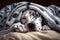 funny dalmatian puppy lying covered in throw blanket and falling asleep, Generative AI