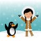 Funny dancing Eskimos and penguins. Concept background trip to Greenland