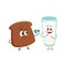 Funny dark, brown bread slice and milk glass characters