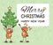 Funny deer holding a christmas tree and the second funny deer gives comands. Merry Christmas and Happy New Year text.