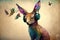 Funny deer listening to music with headphones on grunge background