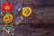 Funny delicious ginger cookies for Halloween on a wooden table. Happy Halloween. Beautiful festive background for Halloween.