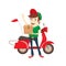 Funny delivery boy delivering box by scooter. Flat Vector illustration.