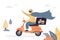 Funny delivery man ride motorbike. Courier dressed as a superhero. Fast delivery concept background. Internet order of fast food