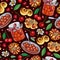 Funny desserts and sweets, buns and berries seamless pattern.