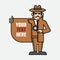 Funny detective vector character opens his coat. Cartoon character of private investigator. Secret Party Concept mascot