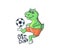 The funny dino boy playing soccer. Cartoonish sport dinosaur