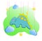 Funny dino print in the style of felt toys for the nursery. Vector illustration of a dinosaur, moon, stars, clouds