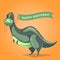 Funny dinosaur in cartoon style holding ribbon with birthday greetings. Vector illustration.