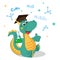 Funny Dinosaur Experimenting With Chemicals And Formula On A White Background. Cartoon School Vector Illustrations.