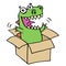 Funny dinosaur jumped out of the box. Vector illustration.