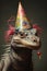 Funny dinosaur with party hat on gray background. Fantasy animal