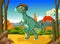 Funny Dinosaur Stegoceras cartoon with volcano landscape background