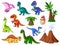 Funny dinosaurs. Cartoon dinosaur, cute dino collection. Palm tree, funny prehistoric animals. Childish beast